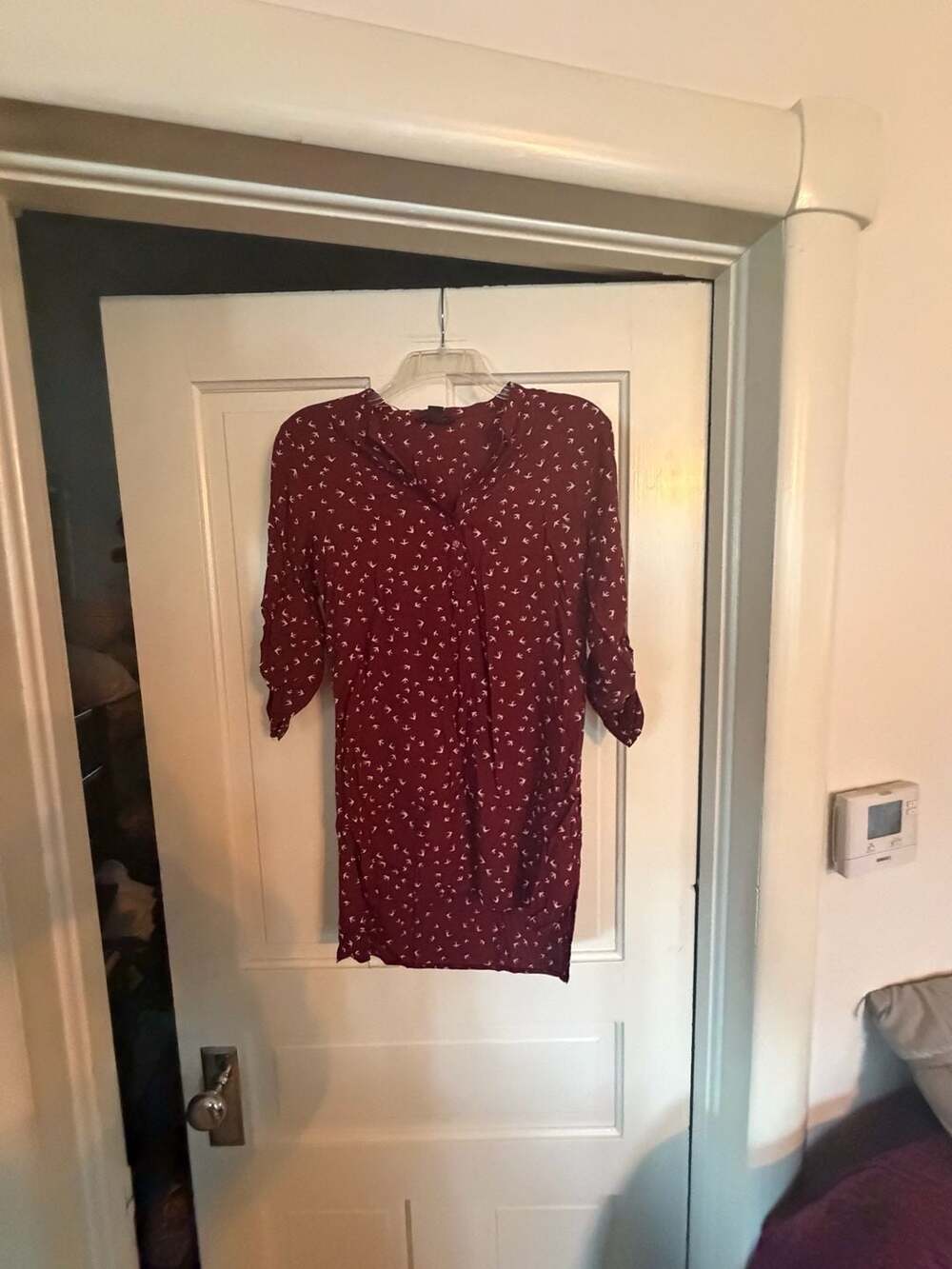 Atmosphere Burgundy Bird Print Button-Down Shirt Dress